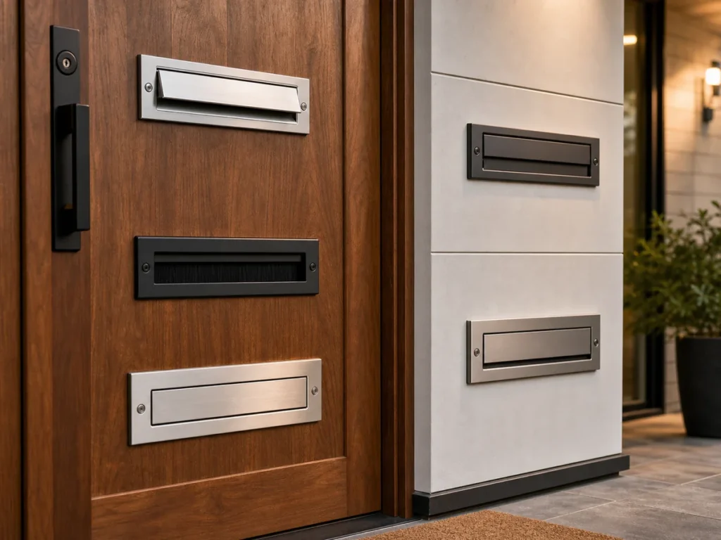 Built-in and surface-mounted metal mail slots installed in doors and wall panels