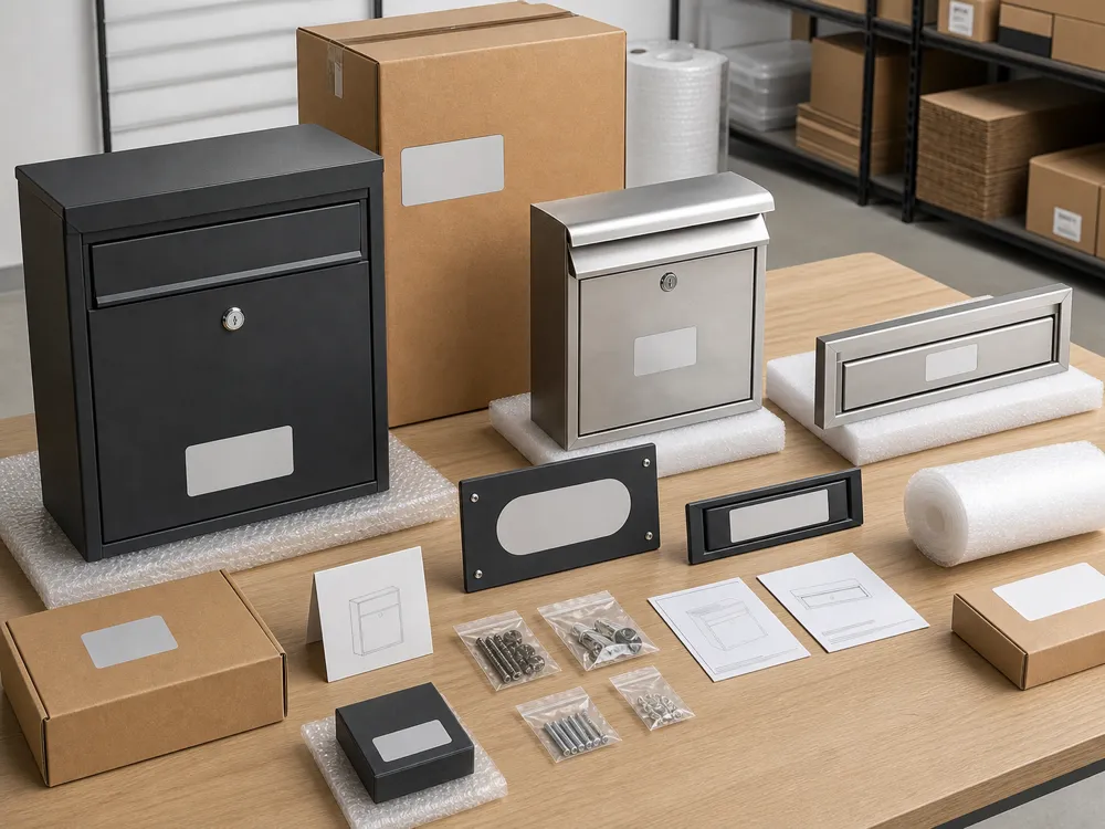Parcel box, letterbox, mail slot, house number and accessories shown with custom labels, cartons and packing materials