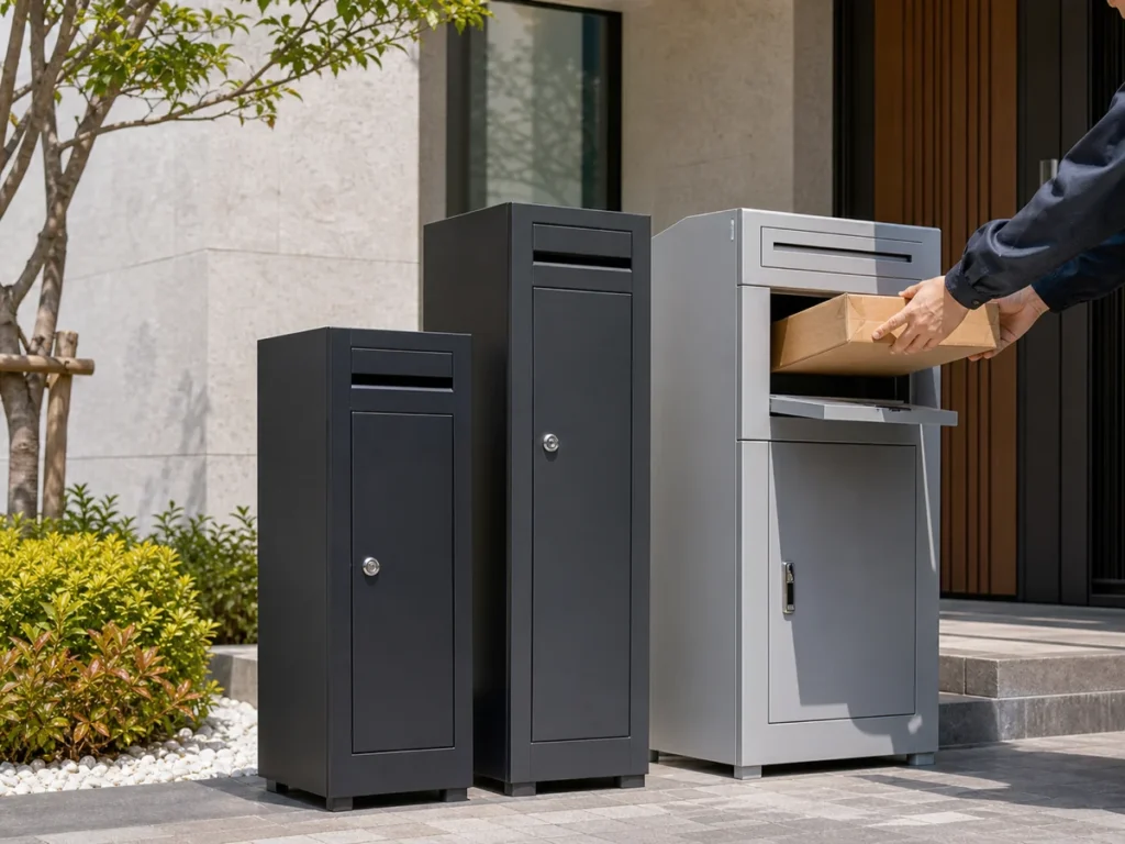 Secure parcel drop boxes for homes, apartments, offices, and delivery areas