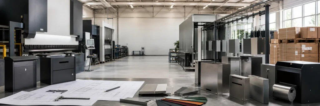OEM mailbox and parcel box production process showing design, metal forming, coating, inspection and packing