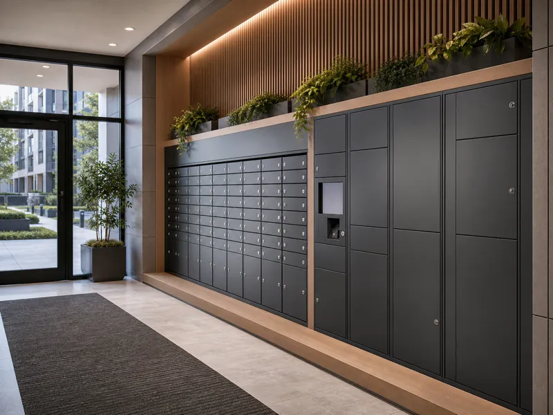 Coordinated mailbox compartments and parcel lockers installed in a multifamily building mailroom for property projects
