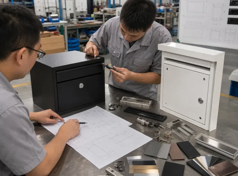 Engineers reviewing custom parcel box and letterbox prototypes with drawings calipers finish samples and hardware on a factory workbench