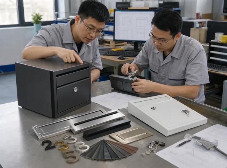 Engineers discussing custom mailbox parcel box mail slot and house number samples with finish swatches and measurement tools