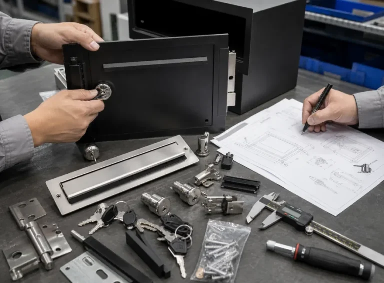 Engineer testing lock latch hinge and mail slot hardware details for custom parcel boxes mailboxes and letterboxes