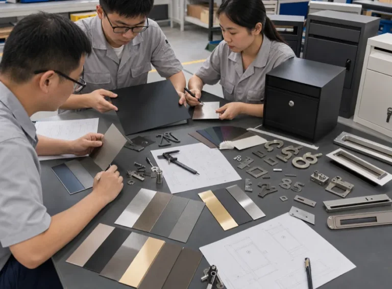 Engineering team comparing powder coated panels brushed metal samples house numbers and parcel box parts for custom mail products