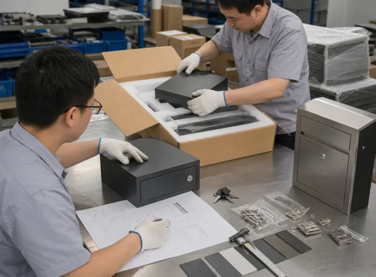 Technicians checking parcel box sample packaging foam inserts accessories and drawings for OEM export order development