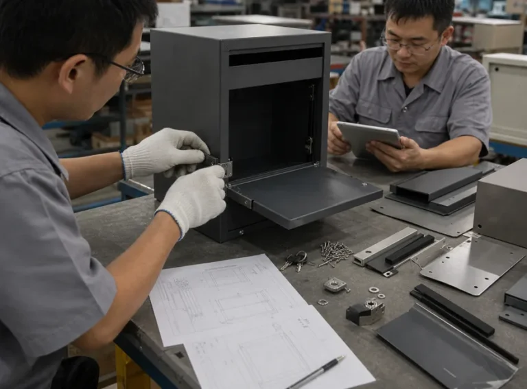 Engineers testing parcel box door structure hinge alignment and assembly details with drawings tools and sample parts