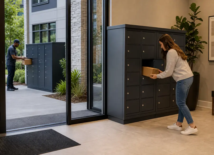 Rear access parcel boxes for separated delivery and resident collection