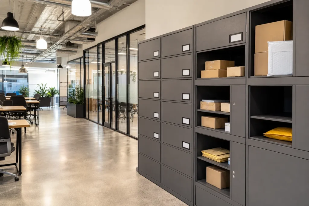 Organized reception area with parcel boxes and mail slots supporting daily office deliveries