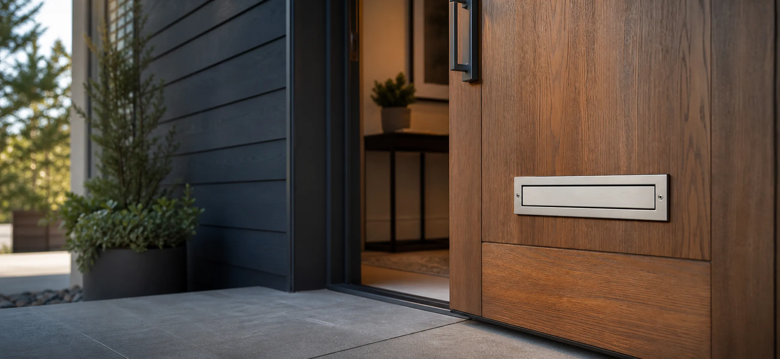 Custom residential mail slot installed on a modern front door for house, apartment, and multi-family entry projects