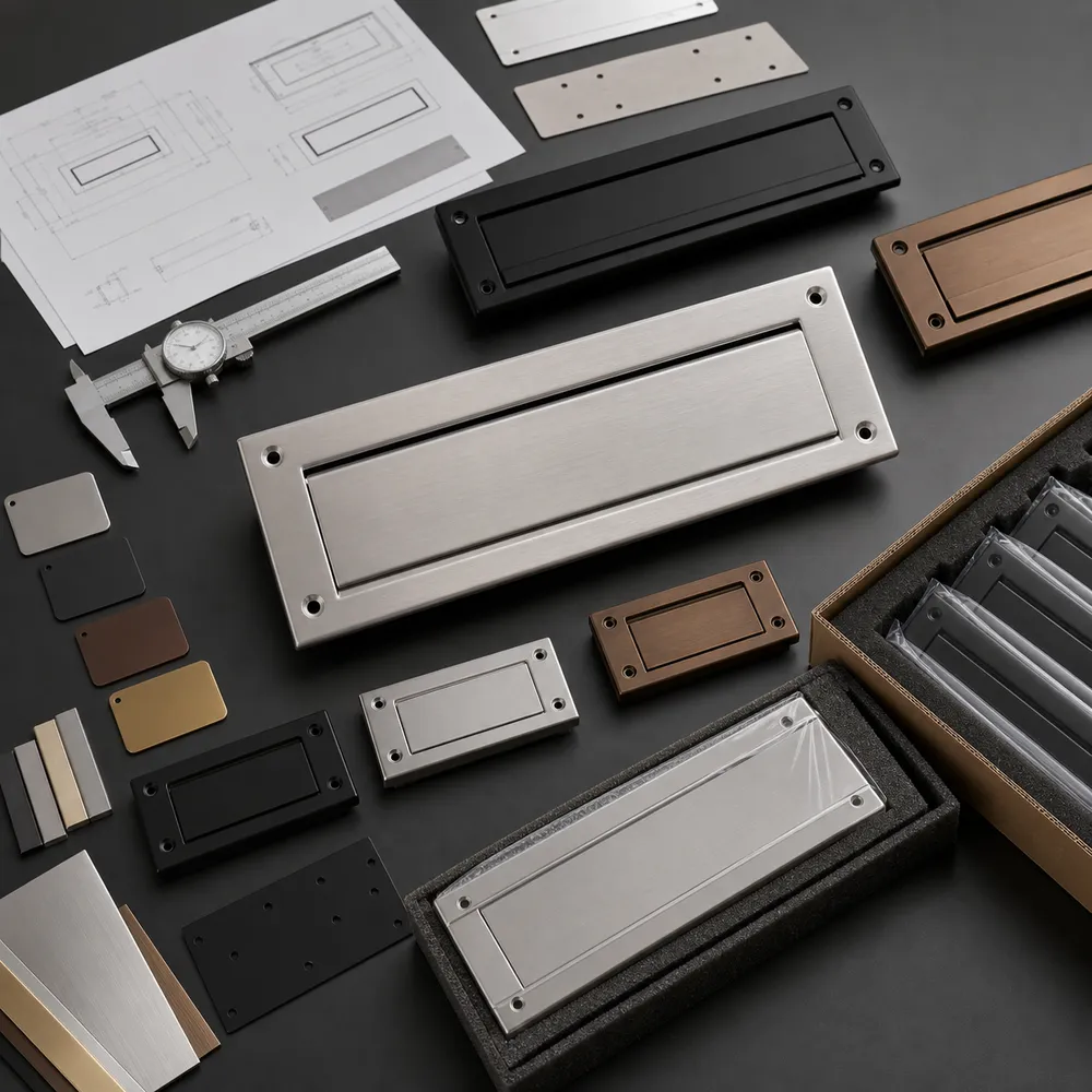 Custom residential mail slot samples with size, finish, mounting hole, sleeve, brush seal, and packaging options for bulk orders