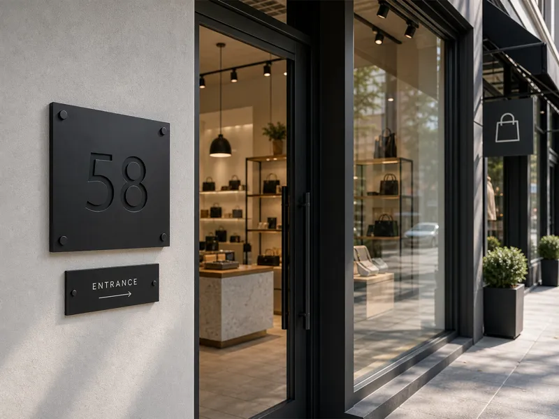 Custom address sign for storefront customer entrance service counter and branded exterior display