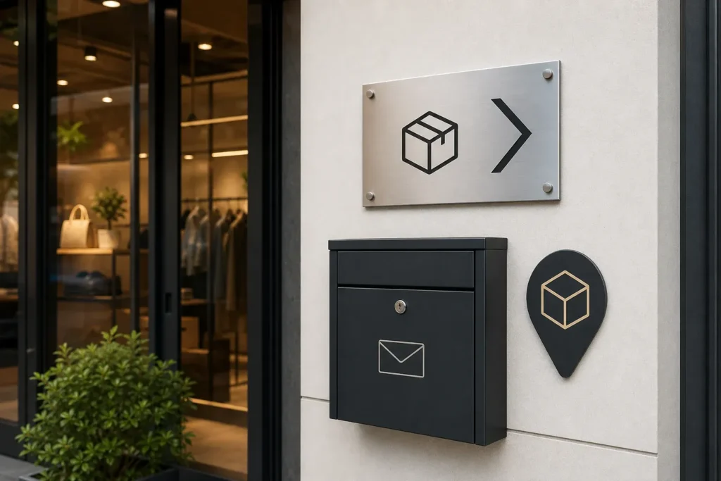 Retail parcel box with matching letterbox sign panels for a clear storefront delivery point