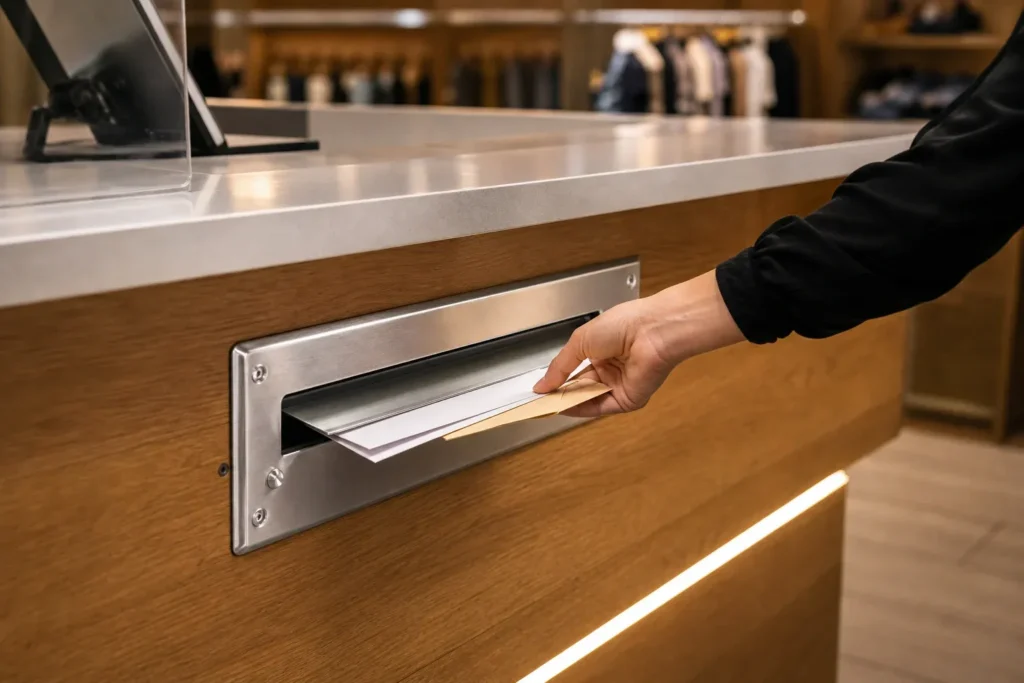 Metal mail slot built into a retail service counter for document and form drop off