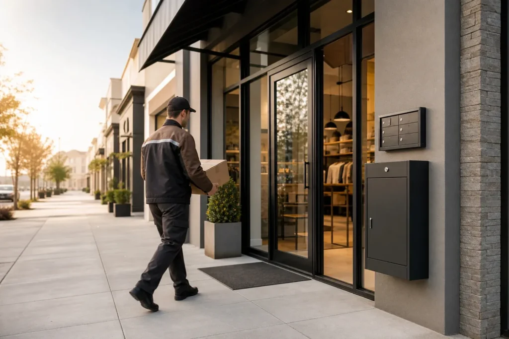 Modern retail storefront with secure parcel box and mailbox solution for commercial deliveries