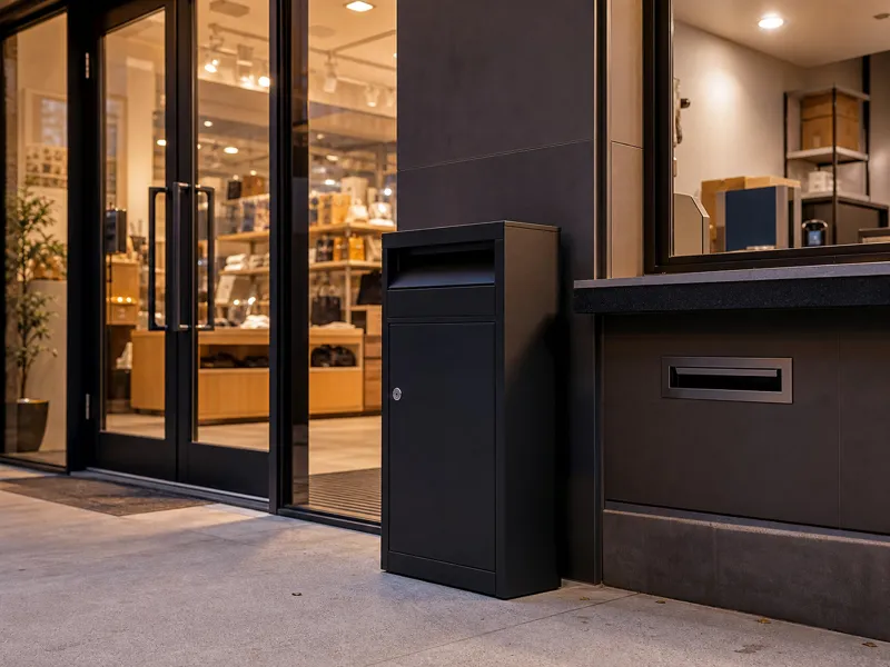 Parcel drop box and mail slot solution for retail storefronts, shops, service counters, and after-hours delivery
