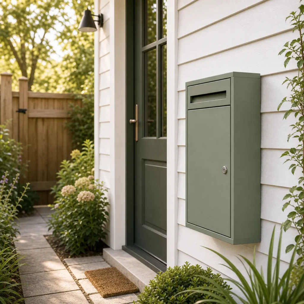 Sage green large parcel letter box installed near a residential porch and garden for secure mail and parcel receiving