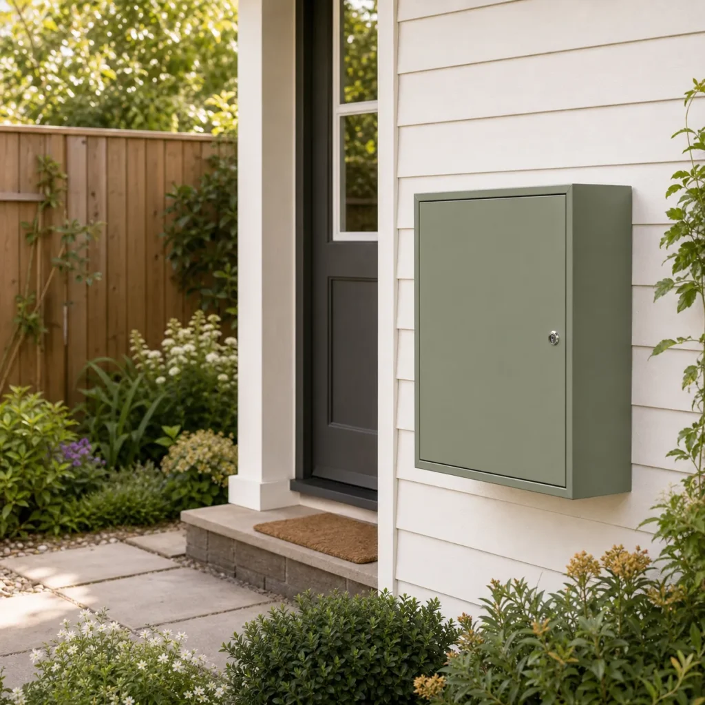 Sage green large wall mounted parcel box installed near a residential porch and garden for secure parcel receiving