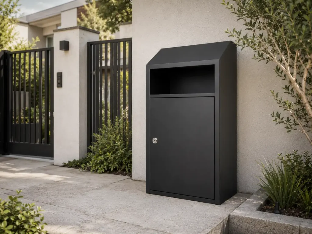 Secure parcel delivery box for home placed near a modern front door