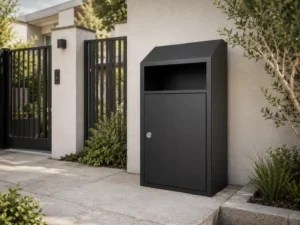 Secure parcel delivery box for home placed near a modern front door