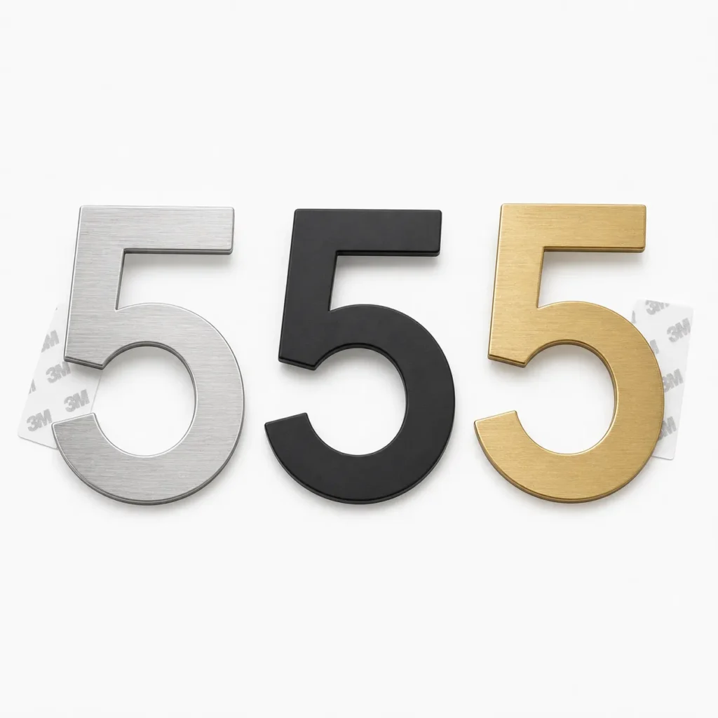 50mm brushed stainless steel self adhesive house number 5 with flat metal profile and adhesive backing