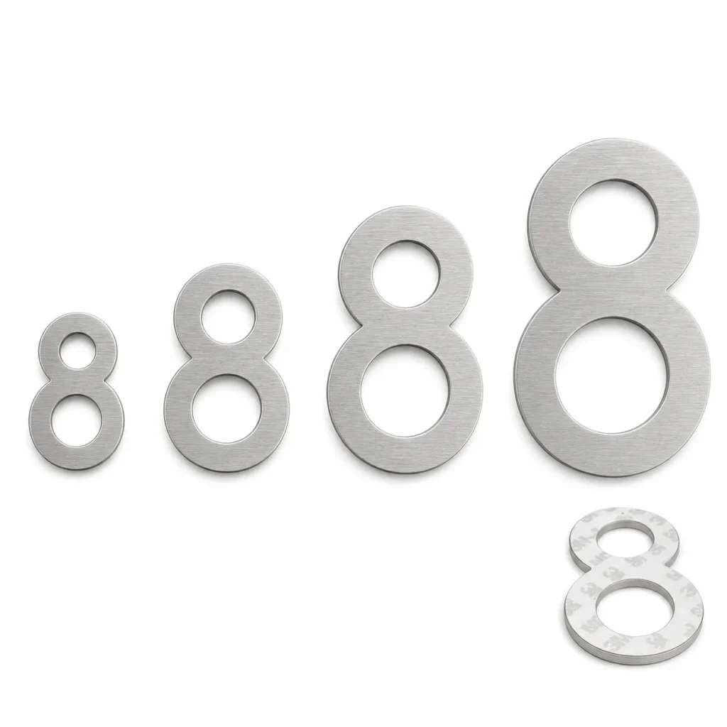 Self adhesive brushed stainless steel house number size options for 50mm 75mm 100mm and 120mm heights