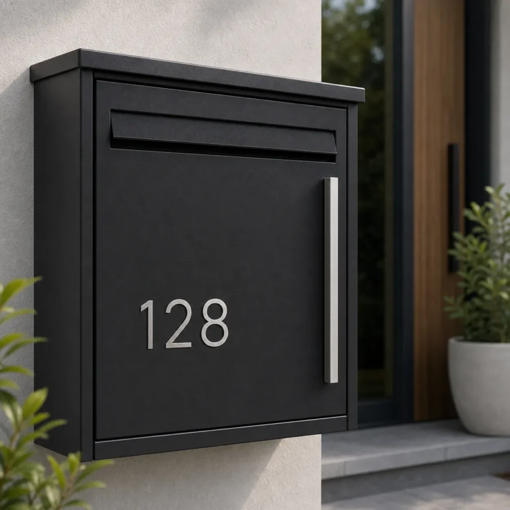 Self adhesive stainless steel letters and numbers applied to a residential entrance sign panel