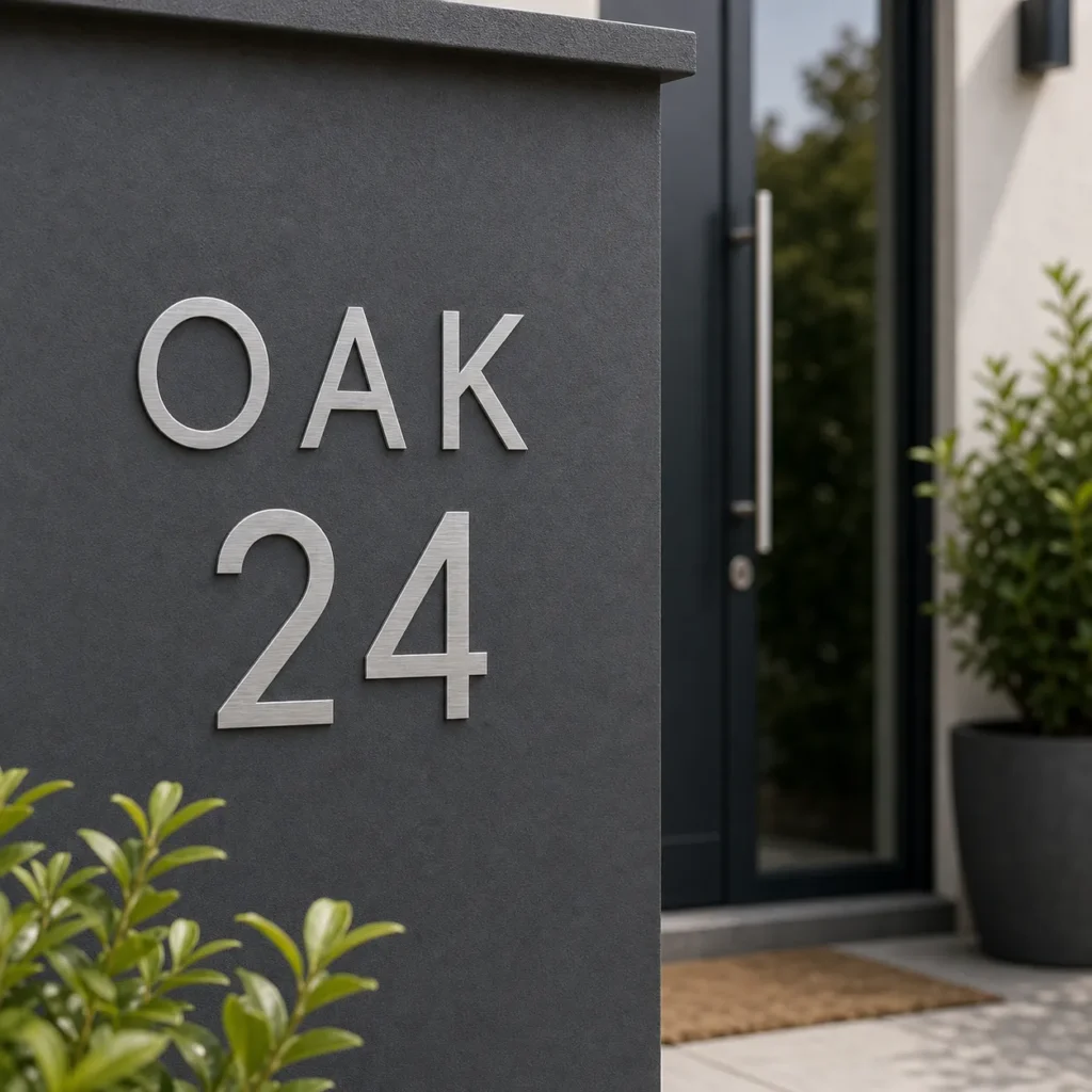 Brushed stainless steel self adhesive house numbers applied to a modern mailbox front panel