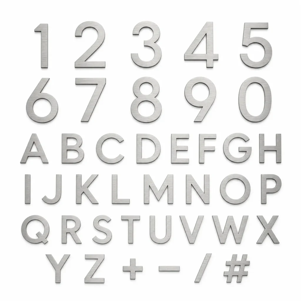 Self adhesive brushed stainless steel house numbers and letters set including 0-9 A-Z and selected symbols