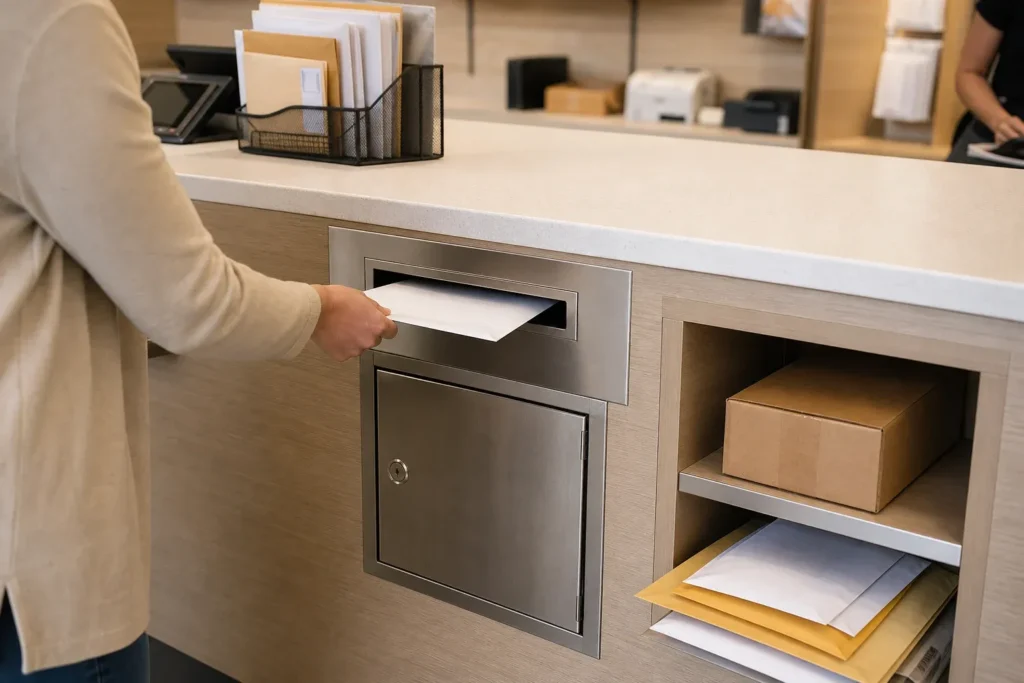 Retail service counter with mail slot and compact box for customer forms and small package collection