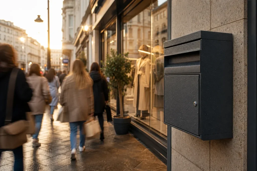 Durable wall mounted parcel box on a busy shopping street storefront for high traffic commercial deliveries