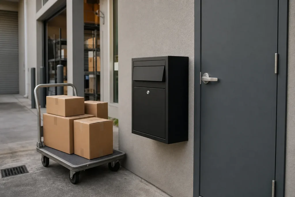 Parcel drop box beside a retail side entrance for separating supplier deliveries from customer areas