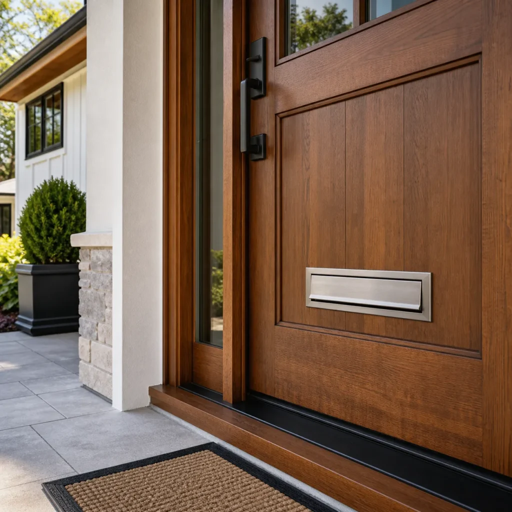 Metal residential mail slot installed on a single home front door for direct mail delivery
