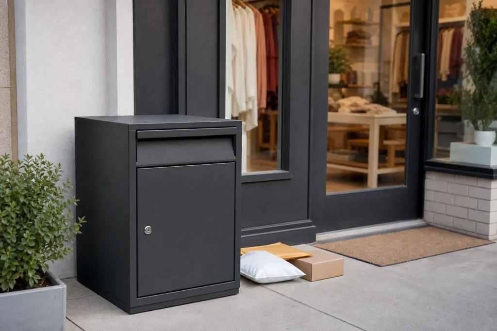 Small parcel box beside a retail storefront for documents, samples, small packages, and daily mail