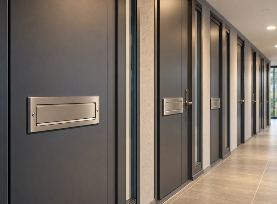 Consistent surface mounted mail slots installed on multiple apartment entrance doors for multi unit building projects