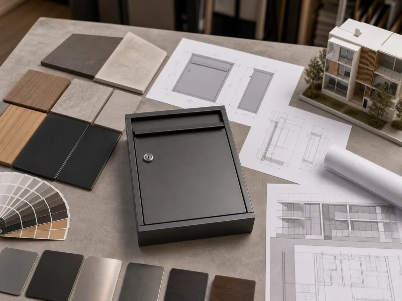 Custom letterbox sample with material finishes and installation planning for architects, builders, and project suppliers