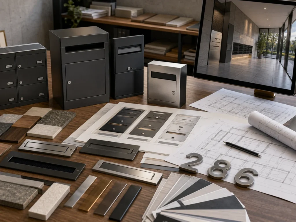 Architect studio with building plans, material samples, custom mailbox modules, parcel boxes, and mail slot samples