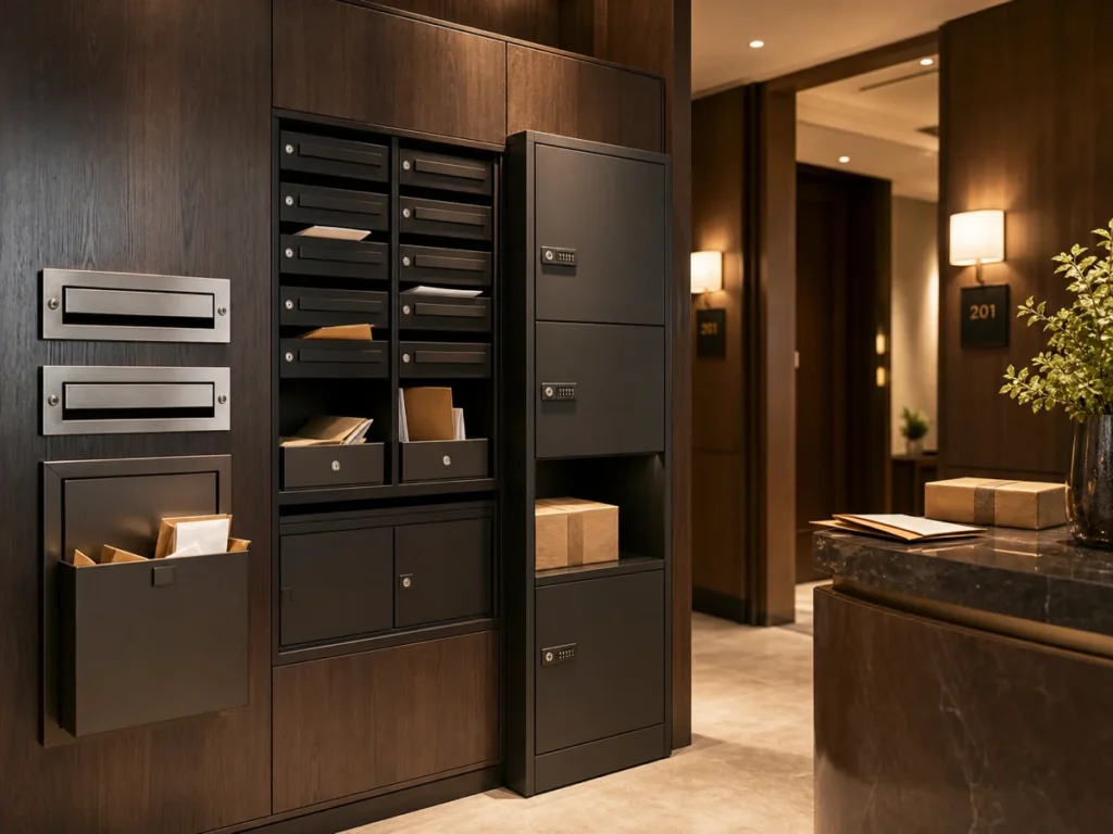 Hotel parcel boxes, letterboxes, room number signs, and mail solutions near a guest service area