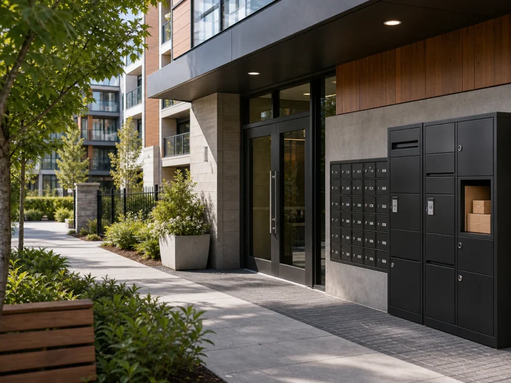 Parcel delivery boxes and mailbox units for apartments, condominiums, and shared building entrances