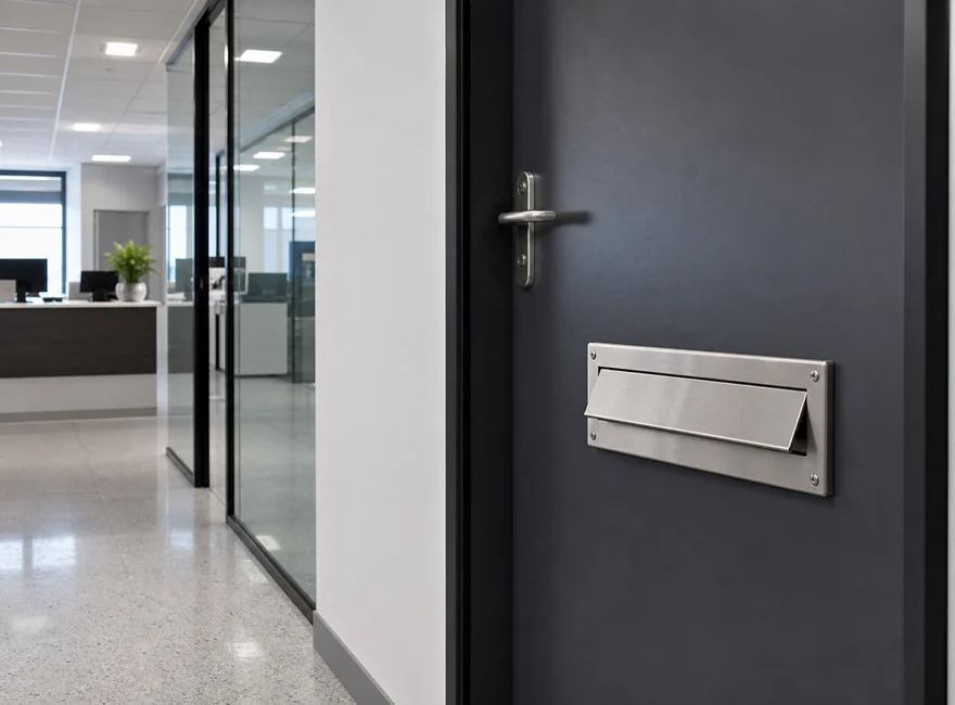 Surface mounted metal mail slot on a modern office entrance door for secure letters and document receiving