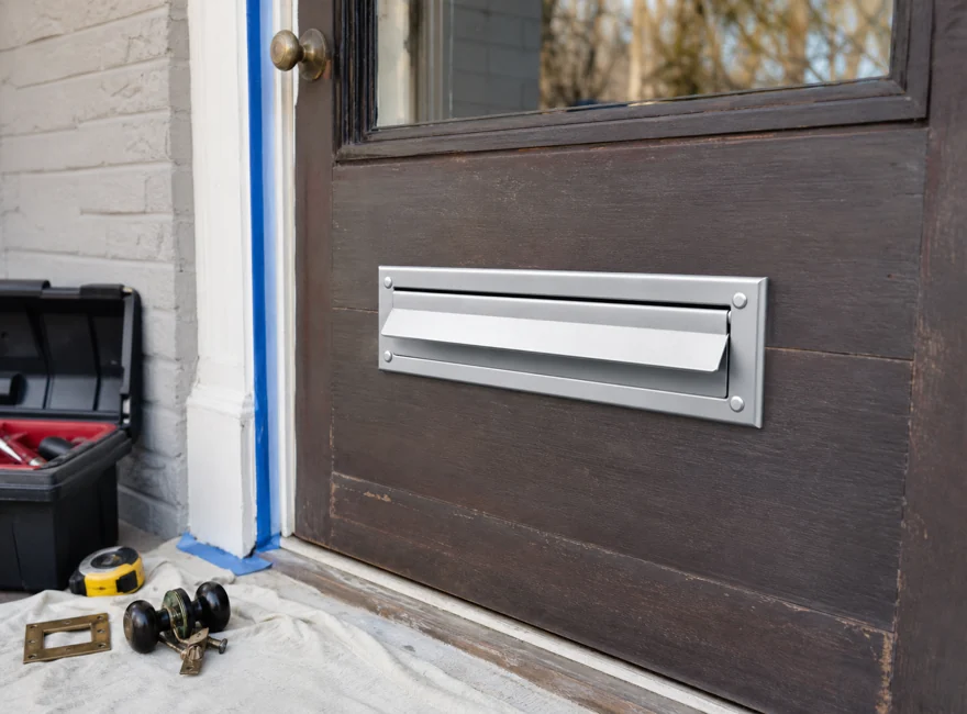 New surface mounted metal mail slot added to an existing door during an entrance hardware renovation project
