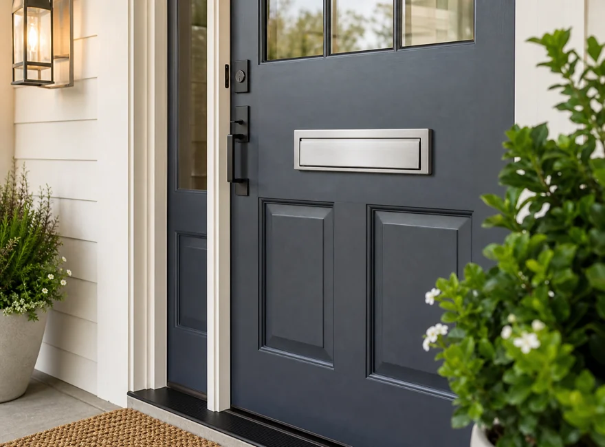 Brushed metal surface mounted mail slot on a home entrance door for daily residential mail delivery