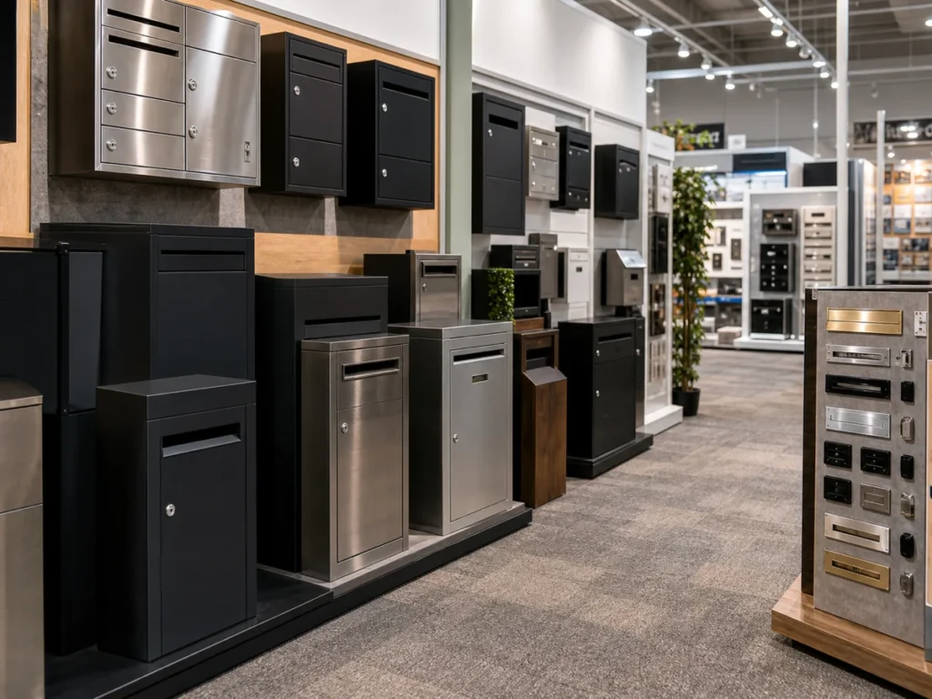 Durable parcel boxes, letterboxes, and mail receiving products displayed in a retail hardware showroom