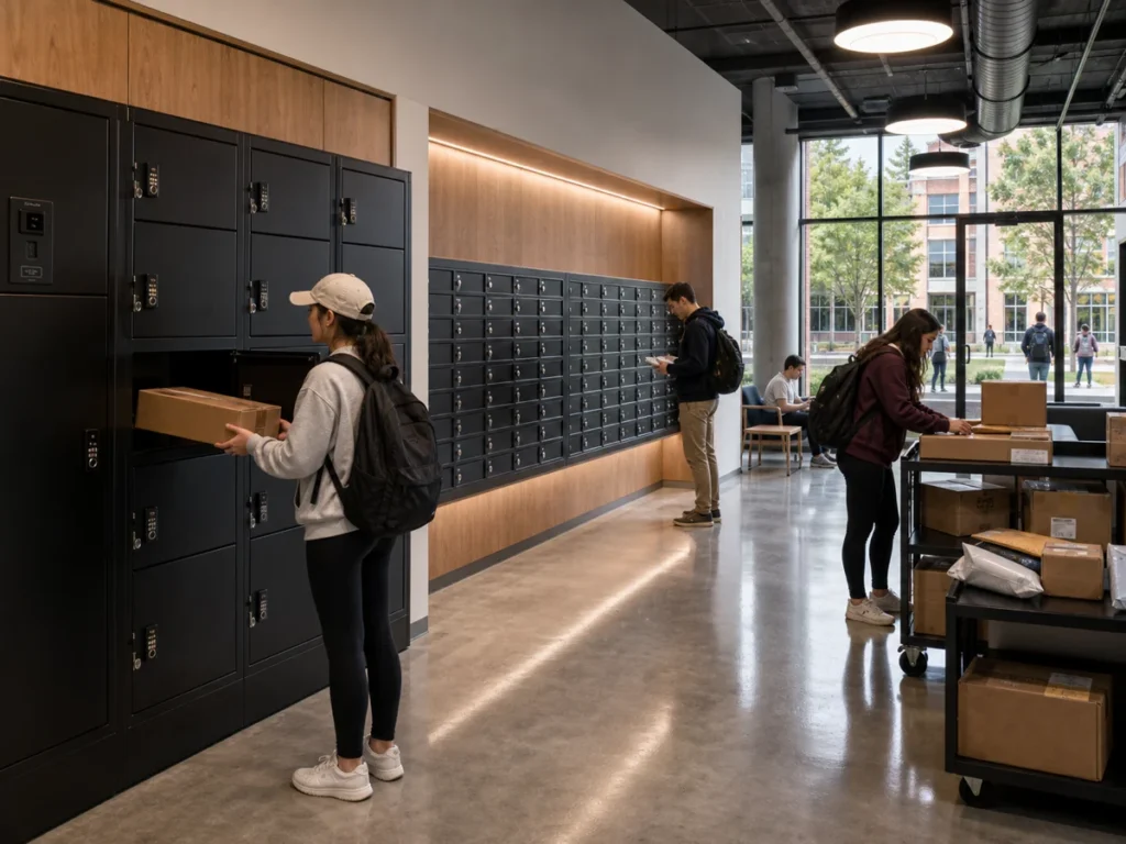 Campus mailroom with parcel boxes, student letterboxes, and shared delivery area for university housing