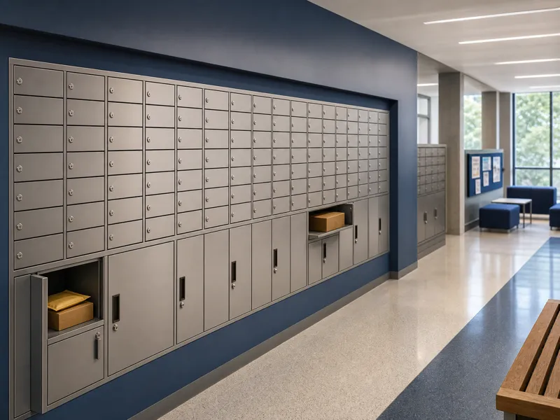 Campus mailroom letter boxes and parcel compartments for student housing and shared delivery areas