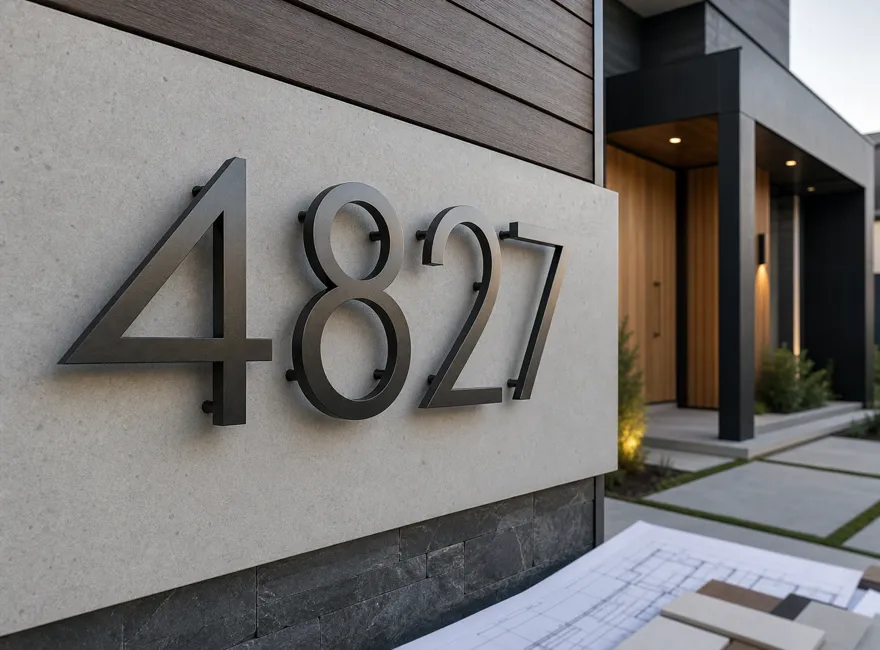Custom metal house numbers and address signs for modern facades, entrance systems, exterior design plans, and architectural projects.