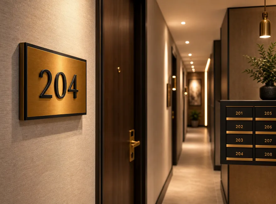 Consistent metal room numbers and address signs for hotels, serviced apartments, guest houses, and property entrance areas.