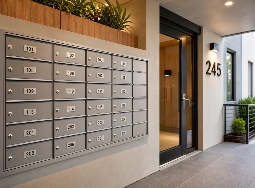 Clear unit numbers, mailbox numbers, and address signs for apartment buildings, shared entrances, and multi-unit residential mail areas.