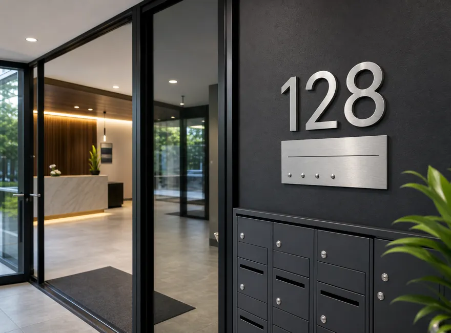 Modern house numbers and letterbox signs for office entrances, reception zones, mailbox areas, and company address displays.