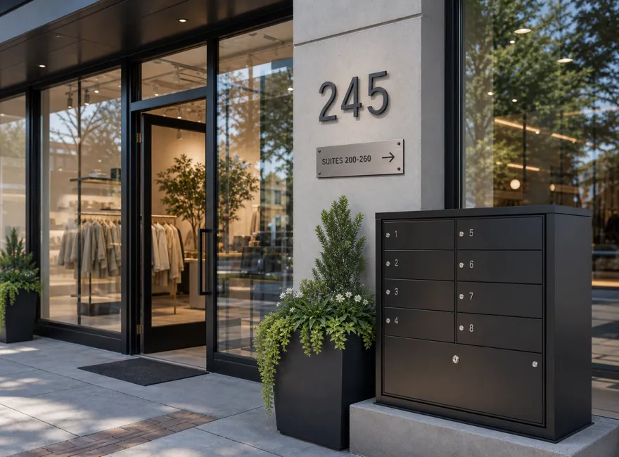 Custom metal house numbers and small address signs for shop entrances, retail storefronts, shopping centers, and customer-facing mailbox areas.